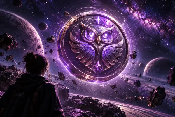 Ein leuchtend violettes Medaillon mit einem Eulenemblem schwebt in einem dunklen Sternenraum als zentrales Symbol einer KI-3D-Plattform.