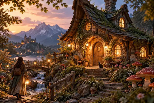 Ein winziges, schiefes Fantasy-Häuschen mit warmem Laternenlicht, Pilzen und einer verspielten Märchenbuchstimmung.