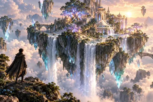 Eine schwebende Kristallinsel mit Wasserfällen, leuchtenden Bäumen und einem winzigen Tempel in einer filmischen Fantasy-Szene.