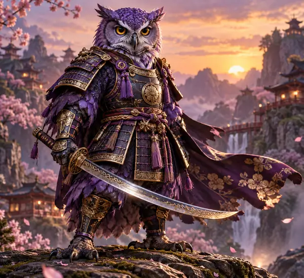 Lila Eulenkriegerin in kunstvoller Samurai-Rüstung mit einem gebogenen Schwert, dargestellt als sammelbare 3D-Spielfigur.