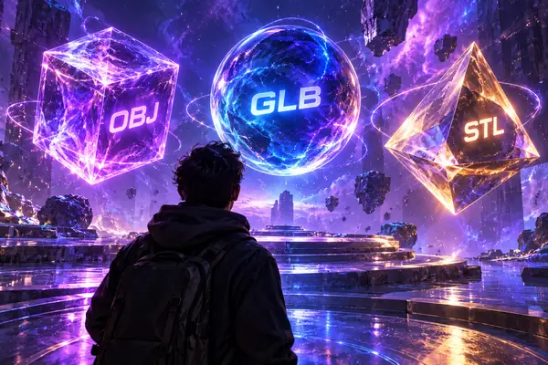 Drei leuchtende geometrische Objekte mit den Beschriftungen OBJ, GLB und STL schweben in einem lebhaften violett-blauen digitalen Raum.