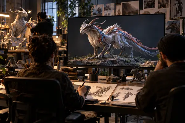 Ein Kreativstudio mit Künstlern, einem großen Monitor und einem fertigen Fantasy-Kreaturenmodell, das für eine professionelle Asset-Pipeline vorbereitet wird.
