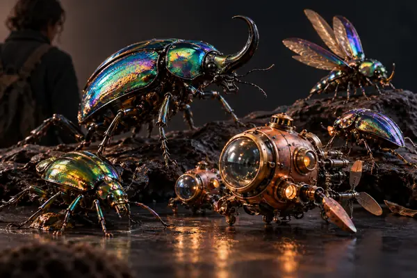 Schillernde Käfer und kleine kupferfarbene Tauchroboter, als detailreich texturierte 3D-Kreaturen auf einer dunklen Studiofläche angeordnet.