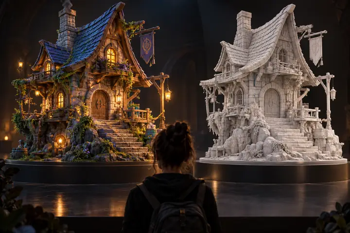 Eine dunkle Präsentationstafel mit einem farbenfrohen Fantasy-Asset neben seiner sauberen 3D-Rekonstruktion.