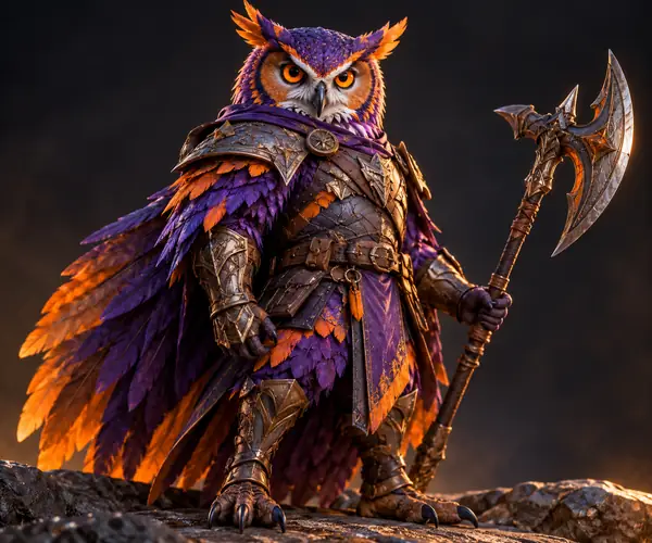 Eine farbenprächtige lila-orange Eulenkriegerin, dargestellt als ausgefeilte, spielbereite 3D-Figur vor einem dunklen Studiohintergrund.