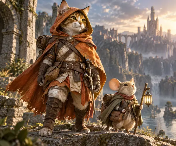 Ein katzenartiger Abenteurer mit Kapuze und orangefarbenem Umhang, zusammen mit einem kleineren Begleiter als spielfertiges Charakter-Asset in Szene gesetzt.