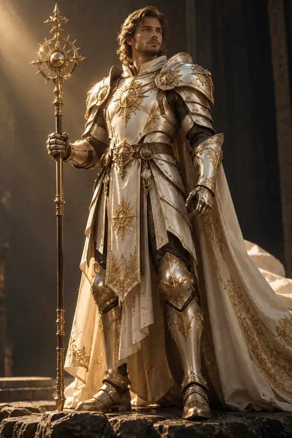 Ein großer Fantasy-Ritter aus Elfenbein und Gold, der einen Stab hält und in einem dramatischen Studioporträt steht.