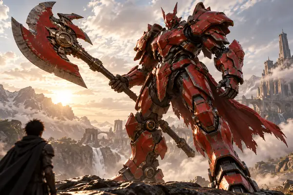 Ein leuchtend roter, gepanzerter Mecha-Krieger mit einer riesigen Streitaxt in einer dramatischen Pose für ein Produktionskonzept.