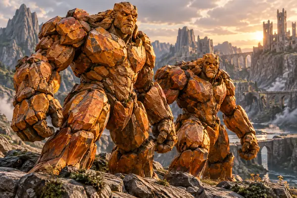 Ein Paar robuster orangefarbener Steingolems, die als detailreiche Fantasy-Spielfiguren nebeneinander stehen.