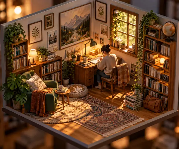 Ein warmes isometrisches Miniaturzimmer mit Büchern, einem Schreibtisch, Wandkunst und einladenden Details einer Bildungsszene.
