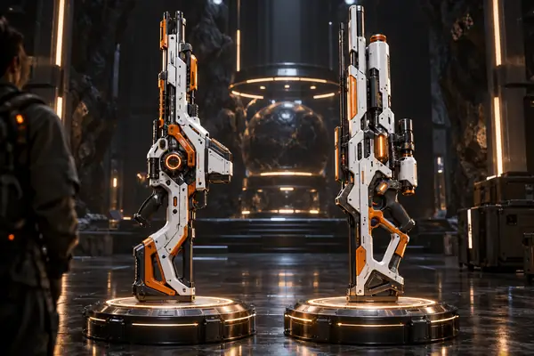 Zwei detailreiche futuristische Waffen, aufrecht präsentiert in einer dunklen 3D-Ausstellung mit klaren weißen und orangefarbenen Materialien.