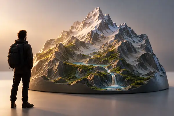 Ein glattes, stilisiertes 3D-Modell in Bergform auf einer neutralen Präsentationsfläche.