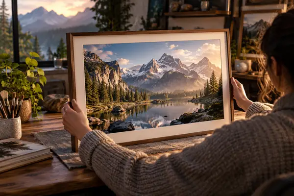 Ein gerahmtes Landschaftsbild, das als Vorlage für einen 3D-Generierungsworkflow vorbereitet wird.