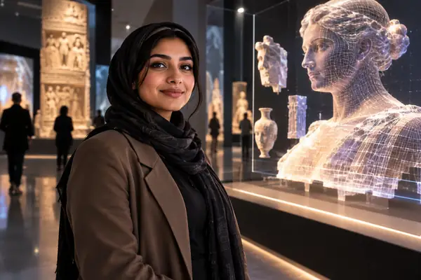 Porträt von Amina Rahman, einer Museumsforscherin neben einem digitalen Exponat.