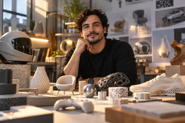 Porträt von Diego Ruiz, einem Kreativleiter im E-Commerce, umgeben von Produktmustern.