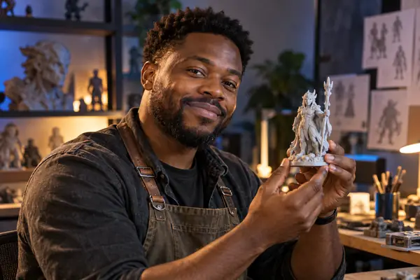 Porträt von James Osei, einem Requisitendesigner, der ein kleines, individuell angefertigtes 3D-gedrucktes Modell hält.