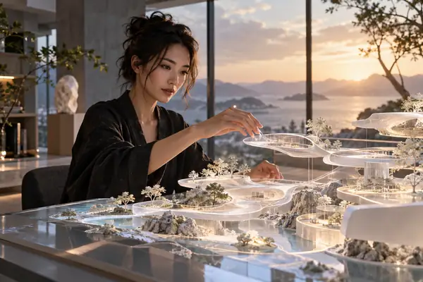 Porträt von Sofia Nakamura, einer VR-Architektin bei der Arbeit an einem Arbeitsplatz mit einem räumlichen Modell.